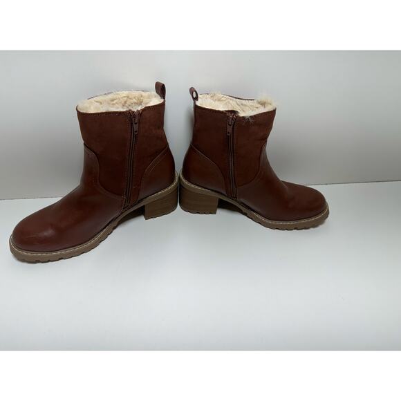 Chunky Block Heel Women’s Faux Fur Lined Ankle Boots Sz 9.5 Camel Brown - Picture 2 of 8